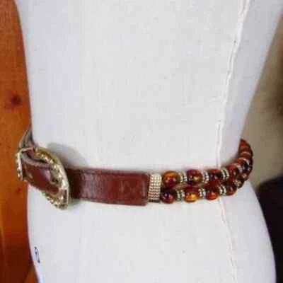 EXPRESS Leather & Amber Beads Gold Buckle Belt M - Image 1 of 4