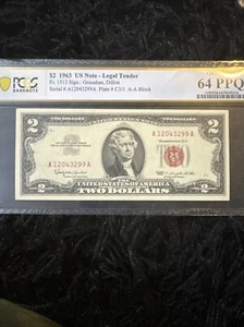 1963 A $2 Two Dollar Red Seal USN Note Choice Uncirculated PMG 64 AA Block EPQ - Picture 1 of 2