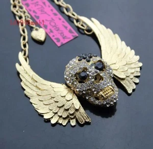 Betsey Johnson Necklace  SKULL With Wings GRILL Gold  Black   - Picture 1 of 12