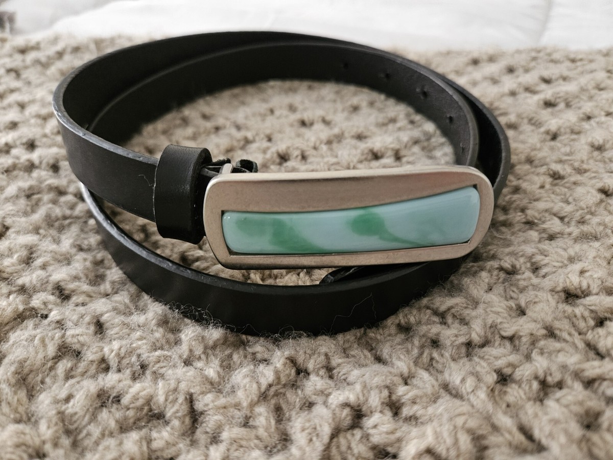 Coldwater Creek Black Leather Belt Leather Blue Stone Buckle  display picture 3