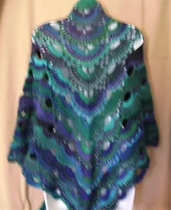 COLORFUL BLUE GREEN TEAL MULTI COLOR HANDMADE CROCHETED SHAWL WRAP HIPPIE BOHO - Picture 1 of 6
