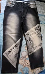 P.W.T. Denim Jeans Vintage 2000er $ 100 Dollar Bill Print Jeans Größe 38 x 34 - Bild 1 von 12