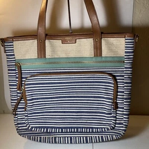 Fossil Striped Canvas Tote handbag Satchel Leather Trim - Picture 1 of 11