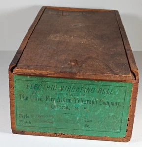 Utica Fire Alarm Telegraph Co. Electric Vibrating Bell WOOD BOX w/ LABEL 1900 - Picture 1 of 5