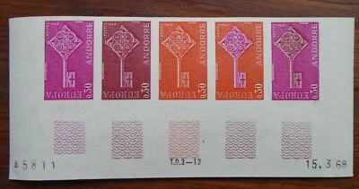 Andorra 1968 - Europa - 30c, Yvert# 188 - Tira Imperf de 5 colores de prueba - MNH** Foto 1 de 2