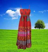 Women Travel Maxi Dress, Sari Silk Red Handmade Party Evening Dress, Summer S/M
