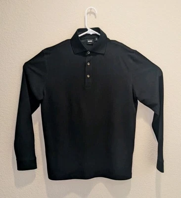 Hugo Boss 100% Silk Polo Mens Black Tonal Herringbone LS Button Up - S - Image 1 of 4