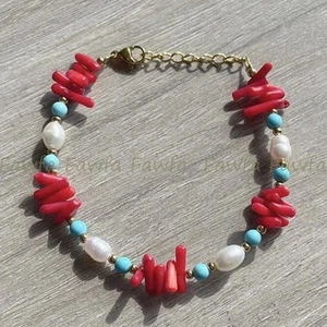 Brazalete de perlas blancas con cuentas de turquesa irregulares de coral rojo natural 7,5" - Imagen 1 de 4