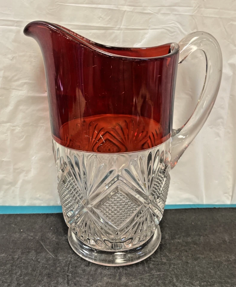 Ruby Red Glass Carved Starburst Handled Pitcher - Image 1 of 4