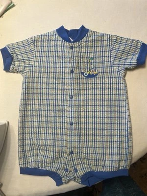 Vintage Toddler Miniwear Blue & White  plaid boys outfit 24 Mos. Sailboat - Image 1 of 4