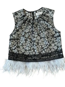 Self-Portrait Top Black Silver Lace Feather Sheer Blouse Round Neck Women 10 8 - Picture 1 of 10