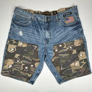 Akoo 99th Bombardier Blue Denim Mens Jean Shorts 42X11 Camo Patchwork Street EUC - Picture 1 of 10