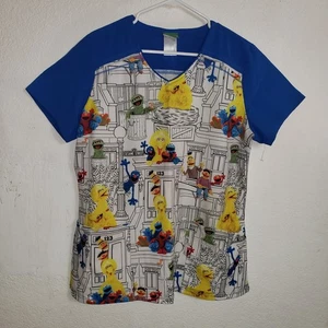 Sesame Street Scrub Top Adult  M/L White/Blue Pockets Big Bird Elmo Teacher - Picture 1 of 14