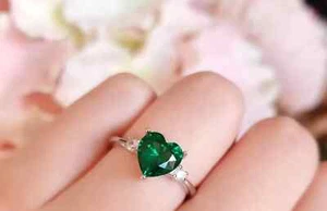 Corazón Esmeralda Verde Gemas Anillo 10K Oro Blanco Macizo Joyería Para Handmade - Imagen 1 de 6