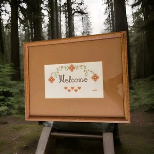 Handmade Framed Welcome SignMedium Size Cross Stitch  CottageCore Style 15×12 In - Picture 1 of 5