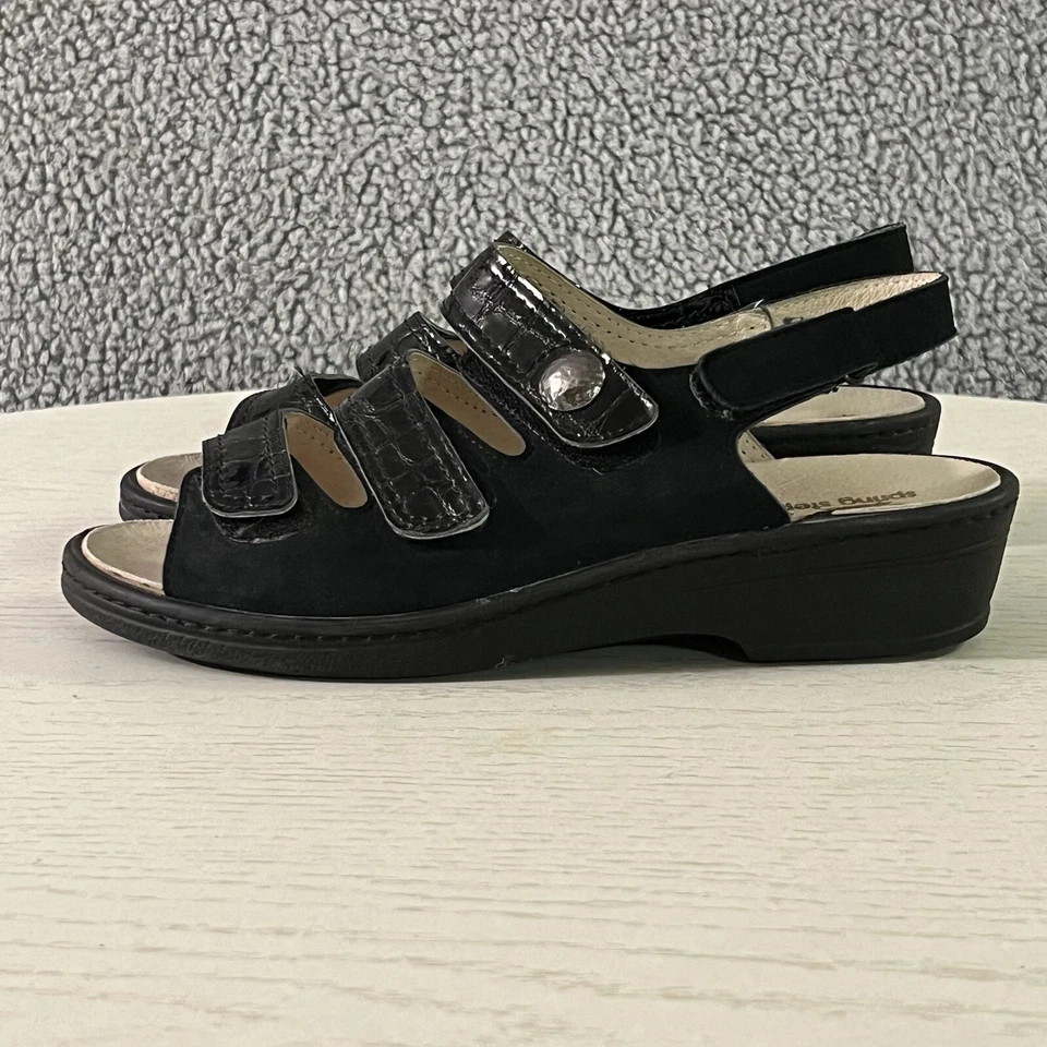 Spring Step Sandals Womens 41 / 9.5 Black Leather Strappy Slingback Wedge Shoes - Image 1 of 4
