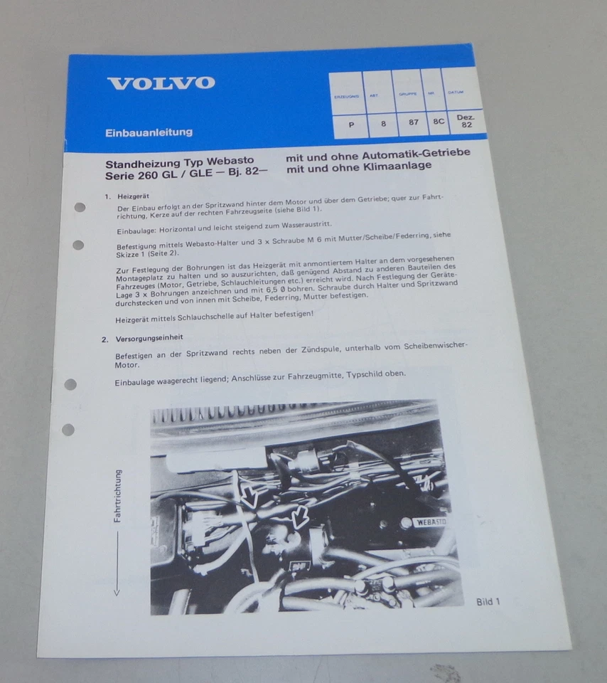 Einbauanleitung Condensación Calefacción Webasto 260 Gk / Gle En Volvo Stand - Imagen 1 de 1