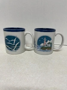 Otagiri De Colección 2 Tazas de Cerámica en Relieve Faro Pájaros Gaviotas Océano Usado en Excelente Condición Japón - Imagen 1 de 9