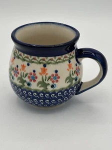 Polish Pottery Bolesławiec Bubble Mug Poland Blue Florals Stamped - Picture 1 of 6