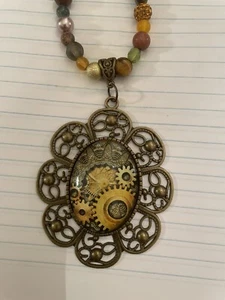 Retro Bronze French Fiore Filigree Pendant Jasper Hematite Crystal Bead Necklace - Picture 1 of 3