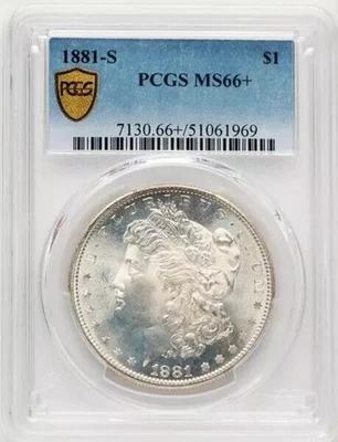 Dólar de plata Morgan 1881-S graduación profesional MS66+ ESCUDO DE ORO $1 GEMA - Envío y devolución gratuitos Foto 1 de 4