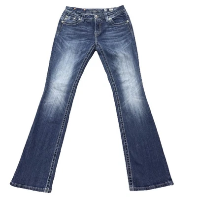 Miss Me Womens Mid Rise Easy Boot Jeans 29 Embellished Flap Pocket Blue Denim - Image 1 of 4