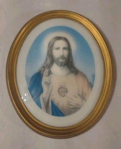Vintage Convex Oval Bubble Glass Jesus Picture Frame 13" X 11" Made In Italy - Picture 1 of 8