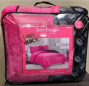 Juicy Couture QUEEN 4p Reversible Comforter Set Plush Hot Pink/Black with Crowns - Picture 1 of 7