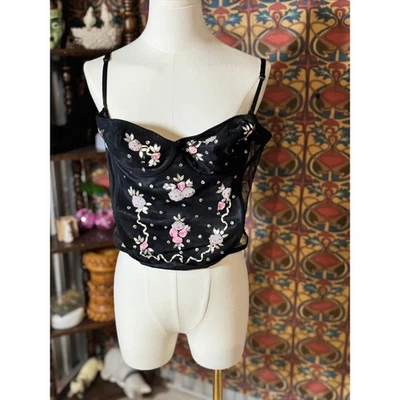Black Embellished Bustier Corset Top Flower Beaded Party Sexy XL - Image 1 of 4