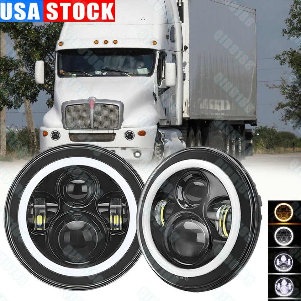 Par de faros LED redondos de halo alto/bajo DRL para semirremolque Kenworth T2000 de 7 pulgadas Foto 1 de 4