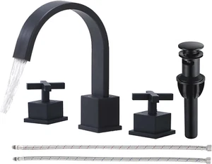 Black Bathroom Facute 3 Hole, Matte Black 2 Cross Handle 8 Inch Waterfall Vanity - Picture 1 of 7