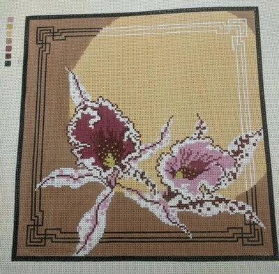 Hand Painted Needlepoint Picture or Pillow Canvas PINK IRIS 15"x15" - Image 1 of 4