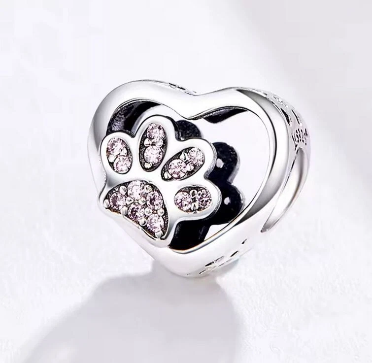 Charm Perle Herz Pfote 925 Silber Steinchen - Anhänger für Armband - Bild 1 von 1