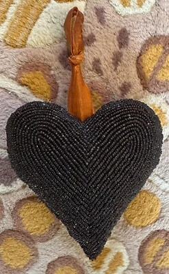 DK BROWN WELL PADDED BEADED HEART SHAPED HANGING CUSHION 5” HEIGHT 5.5” WIDE EXC - Image 1 of 3