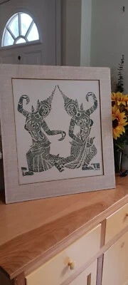 Arte Buda vintage templo tailandés frotando verde sobre papel arroz 22x25 MCM CON mate  Foto 1 de 4