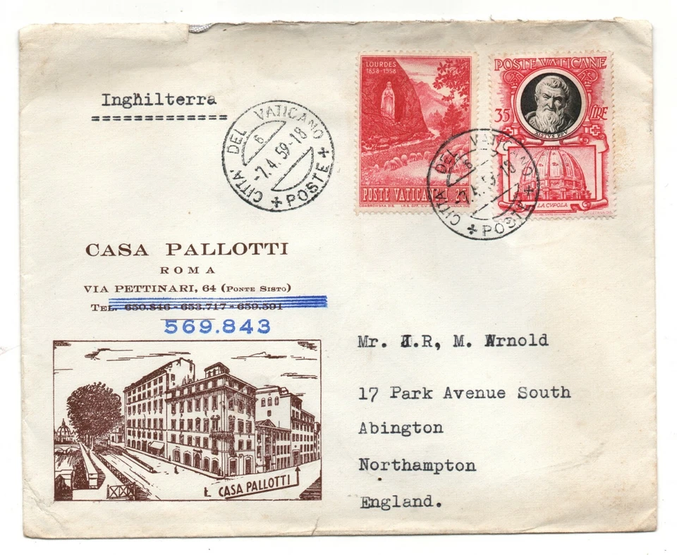 Ciudad del Vaticano 1959 cubierta ilustrada de historia postal al Reino Unido WS25898 Foto 1 de 1