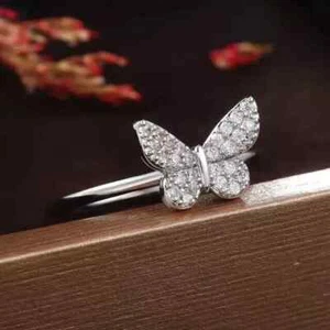 1.00 Ct Round Cut Real Moissanite Women's Butterfly Ring 14k White Gold Plated - Picture 1 of 5