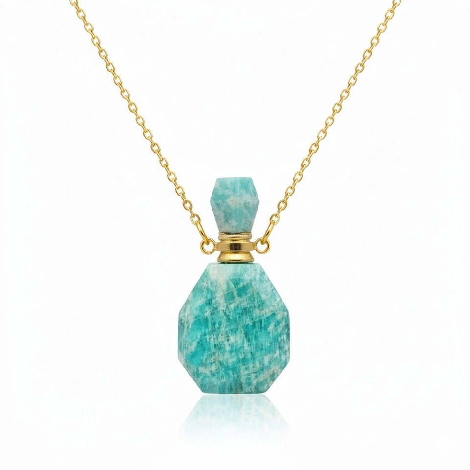 Collar botella perfume aceite esencial piedra amazonita colgante cristal dorado Foto 1 de 1