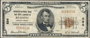 Reading, PA Farmers National Bank & Trust Company 1929 $5 Five Dollar Note CH696 - Picture 1 of 3