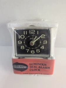 New Vintage 1977 Sunbeam Luminous Dial Alarm Clock Glow In The Dark Sealed White - Picture 1 of 8