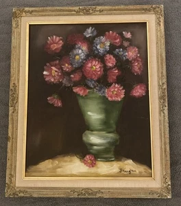 Florero floral vintage pintura al óleo años 50 23,5” X 19,5” firmado Vaughan - Imagen 1 de 15