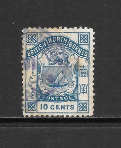 NORTH BORNEO SCOTT 30 USED VF - 1886 10c BLUE ISSUE - COAT OF ARMS - Picture 1 of 2