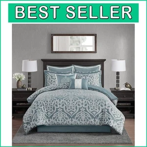 Elegant Aqua King Comforter Set - 8-Piece Damask Design With Decorative Pillows - Picture 1 of 12