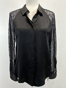 Women’s Equipment Femme Quinn Silk Blouse Shirt Sz XS Black Lace Sleeves Goth - Picture 1 of 7