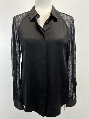 Women’s Equipment Femme Quinn Silk Blouse Shirt Sz XS Black Lace Sleeves Goth - Image 1 of 4