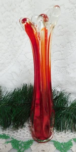 Mid Century Modern Viking ?? Red & Clear  Swung Stretch Art Glass Vase  Lovely - Picture 1 of 14