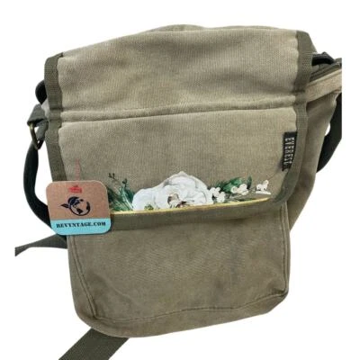 Bolsa carteiro upcycled impressa à mão branca rosa floral tiracolo pequena lona - Imagem 1 de 4