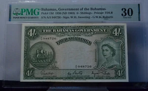 1936 4/- SHILLINGS BAHAMAS, GOVERNMENT OF THE BAHAMAS PMG VF30 BANKNOTES - Picture 1 of 8