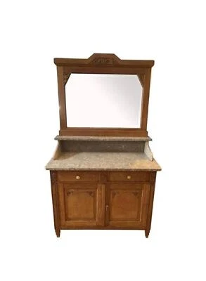 Antiguo buffet de nogal tallado a mano con tapa de mármol y espejo biselado Foto 1 de 4