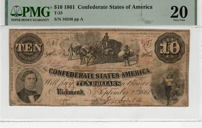 T-23 PF-1 $10 1861 Confederate Paper Money - PMG Very Fine 20 - Image 1 of 2